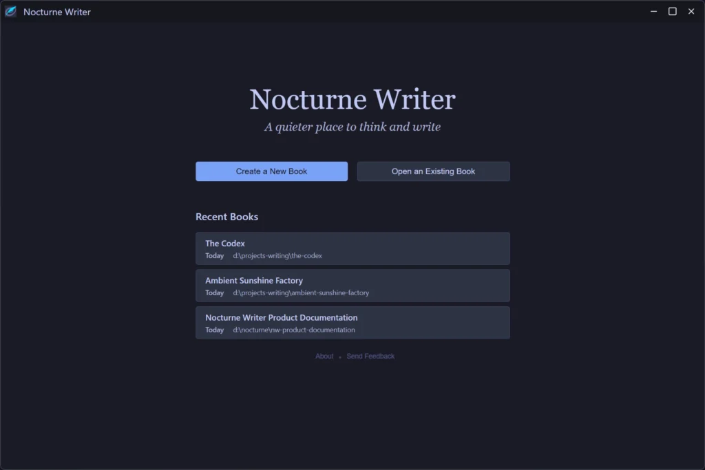 Nocturne Writer book launcher screen