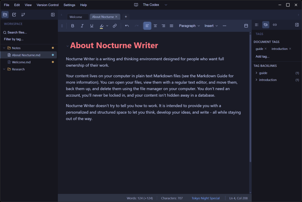 Nocturne Writer main editor screen