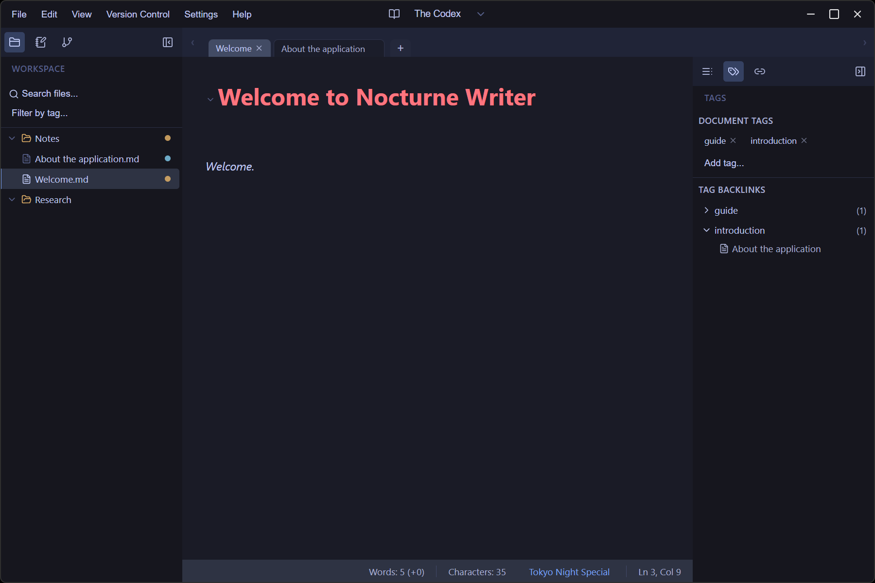 Nocturne Writer desktop writing environment