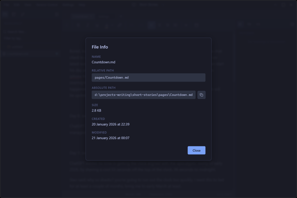 Nocturne Writer page information dialog box